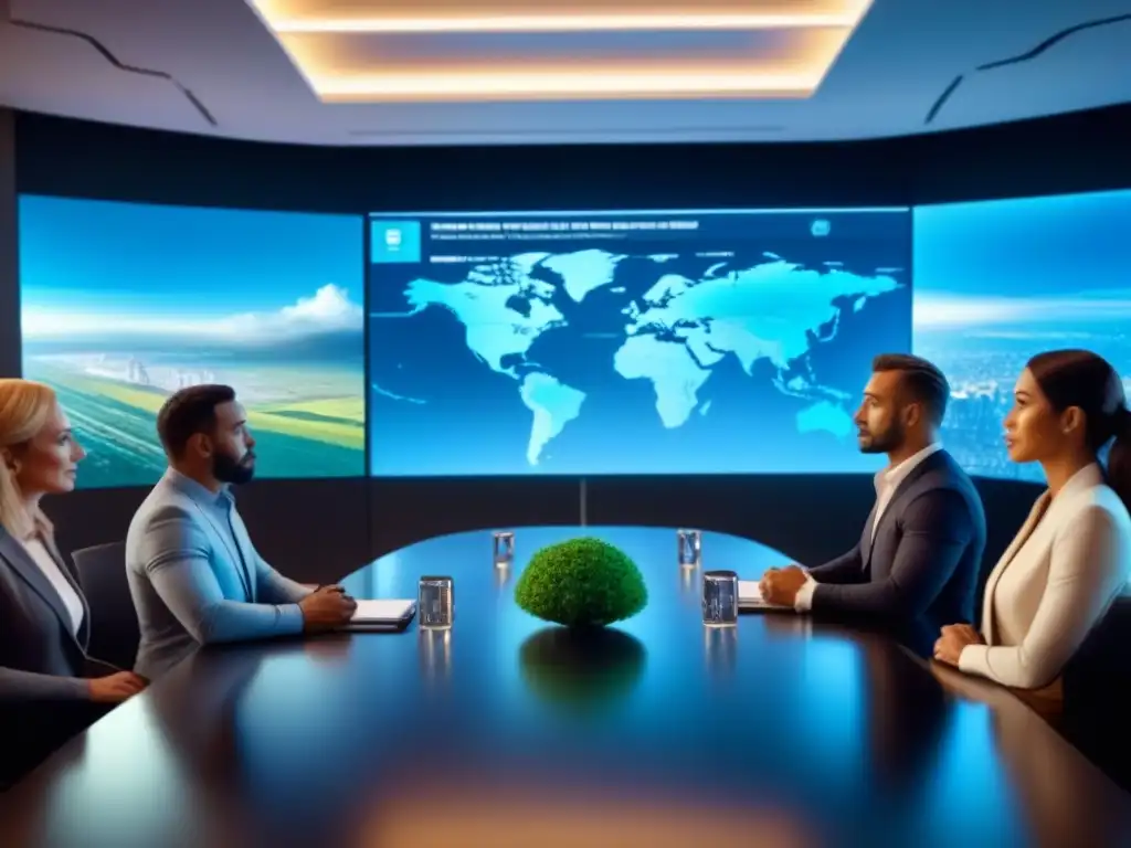 Reunión futurista de marketing inmobiliario global en 8k Reunión futurista de marketing inmobiliario personalizado global en sala hightech