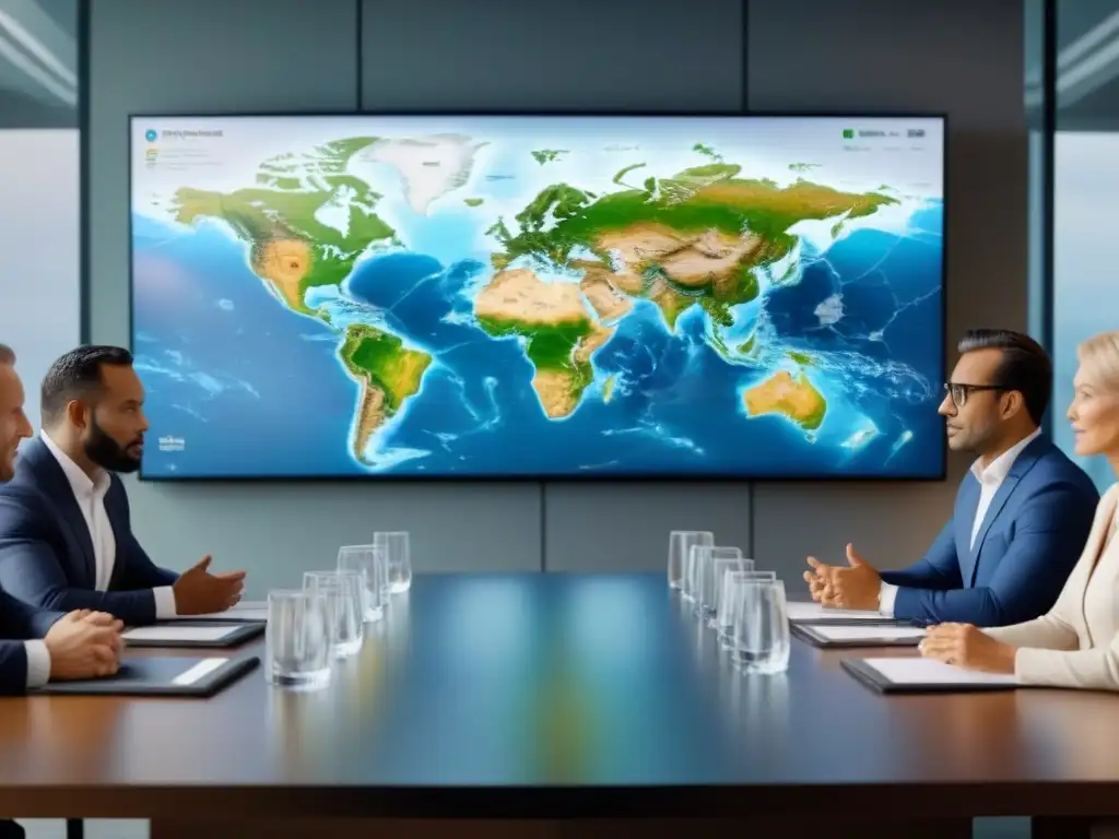 Inversores globales en boardroom ultramoderno Una reunión global de inversionistas en un moderno boardroom, discutiendo estrategias en mercados inmobiliarios internacionales