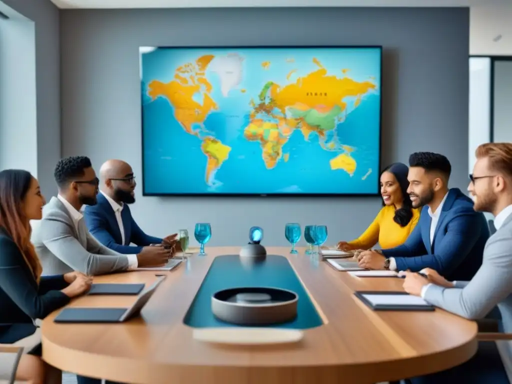 Jóvenes inversores globales debaten estrategias inmobiliarias Una reunión innovadora de millennials diversa discutiendo sobre inversión inmobiliaria internacional