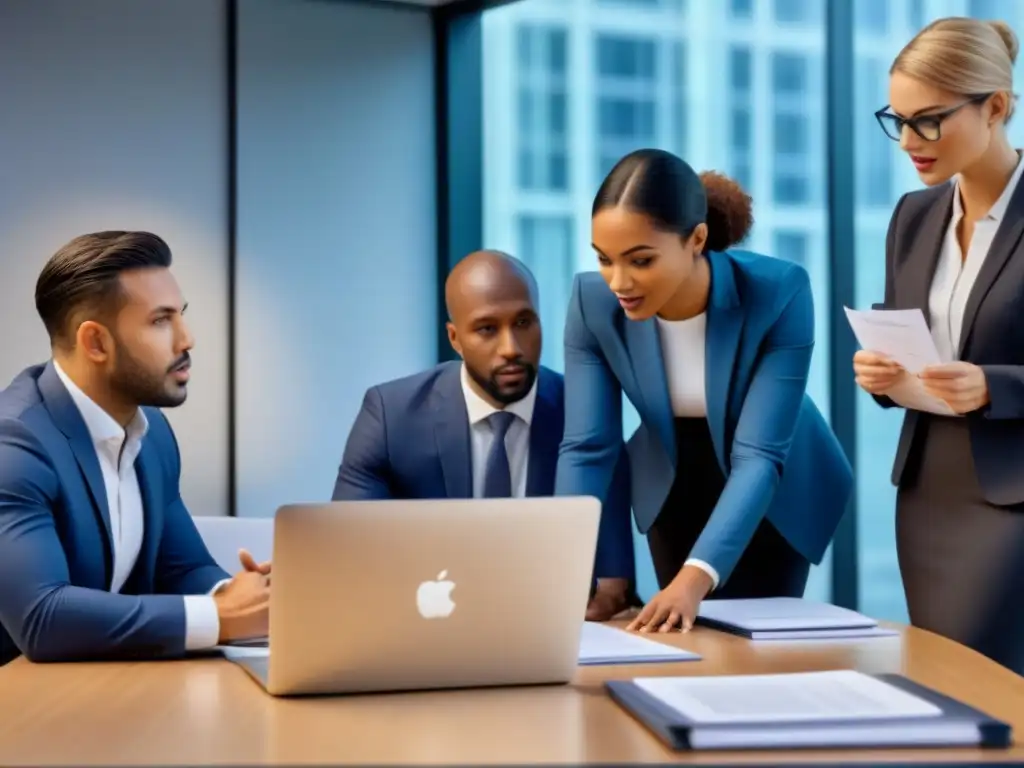 Equipo diverso en intensa discusión sobre valoraciones inmobiliarias para fusiones y adquisiciones Una reunión intensa de profesionales valorando propiedades en fusiones en una oficina moderna