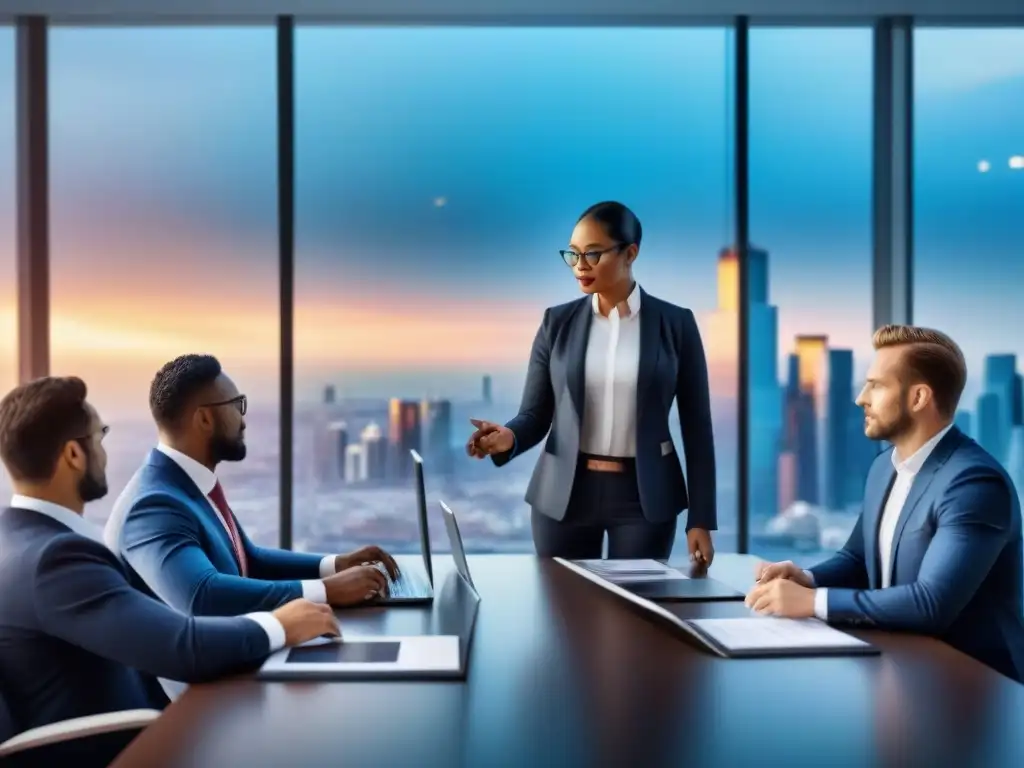 Reunión estratégica de negocios en sala de juntas moderna Una reunión internacional de negocios analizando gráficos financieros en una sala moderna con vista a la ciudad al atardecer, simbolizando inversiones en tiempo compartido internacional