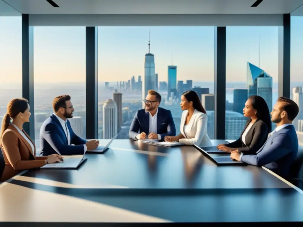 Inversionistas inmobiliarios globales en reunión estratégica Una reunión de inversionistas inmobiliarios internacionales exitosos discutiendo estrategias en una elegante sala de juntas con vista a la ciudad