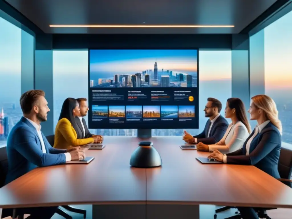 Inversores inmobiliarios globales en reunión de negocios Reunión de inversionistas inmobiliarios internacionales exitosos en sala de juntas moderna, discutiendo oportunidades globales