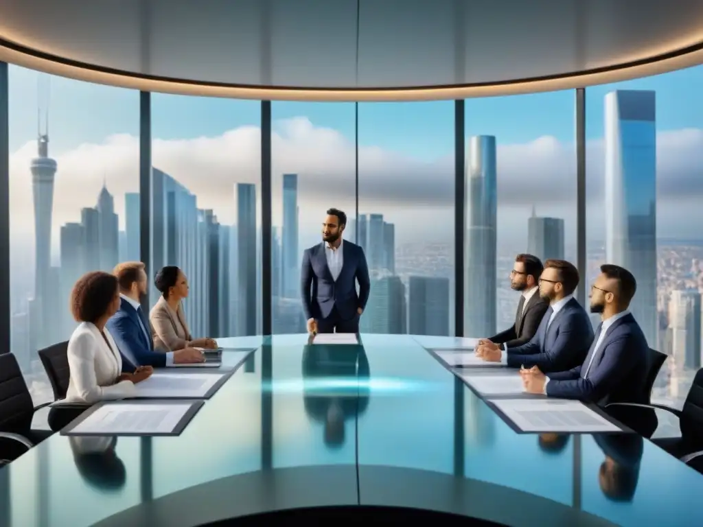 Inversores globales en reunión: perspectiva internacional Reunión de inversionistas inmobiliarios internacionales en moderna sala de juntas, analizando documentación legal