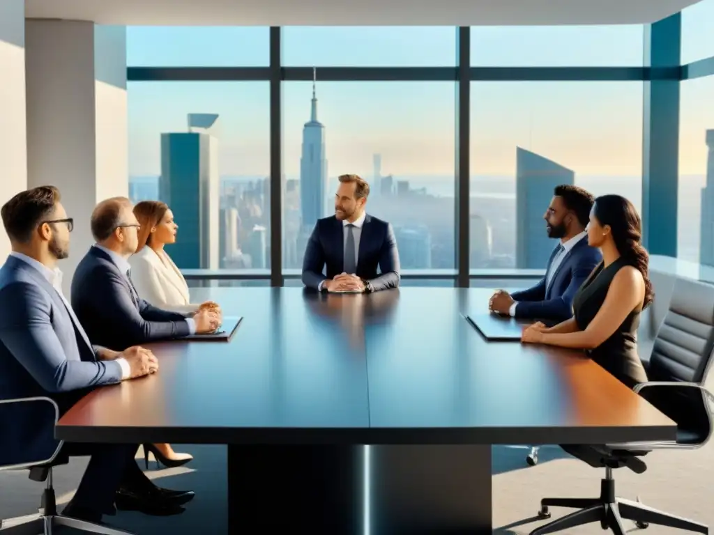 Inversores internacionales en reunión de alto nivel en oficina de lujo Una reunión de inversionistas internacionales discutiendo leyes de sucesión inmobiliaria en una oficina de lujo