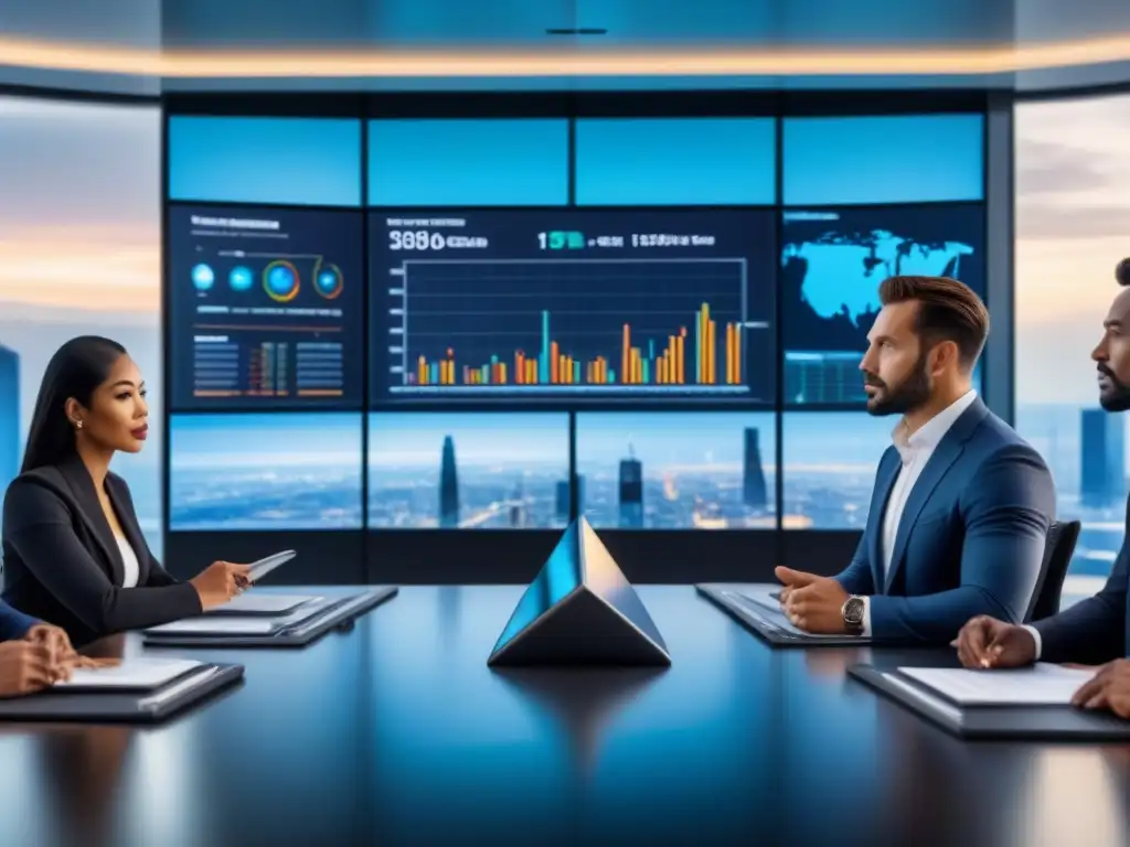 Inversionistas globales en sala de juntas futurista Una reunión de inversionistas internacionales en una sala futurista llena de tecnología, discutiendo datos globales
