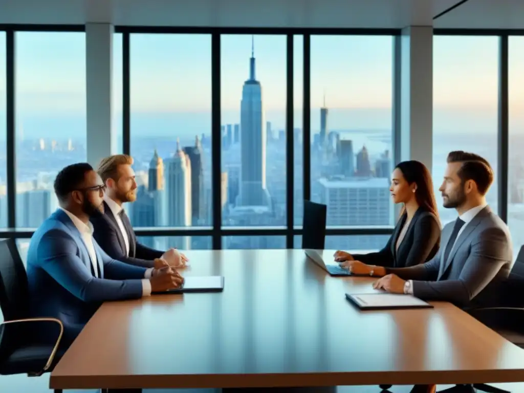 Inversionistas internacionales analizan mercado inmobiliario global en oficina de alto nivel Una reunión de inversionistas discutiendo sobre inversiones inmobiliarias internacionales en inflación en una oficina moderna con vistas a la ciudad