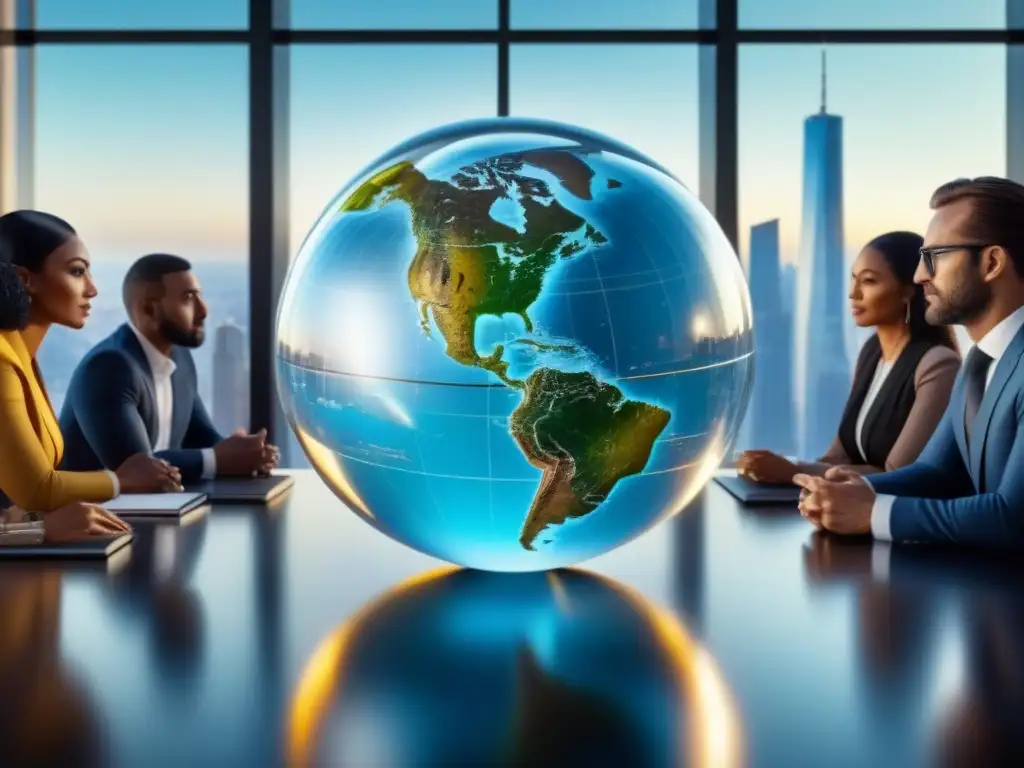 Inversores globales debaten tendencias inmobiliarias en sala de juntas futurista Una reunión de inversores de diversas culturas y edades discutiendo sobre las tendencias globales en un entorno futurista