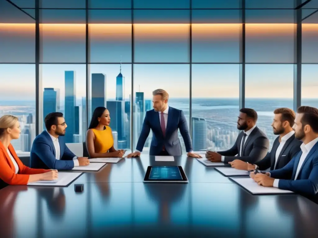 Inversores globales en reunión estratégica de real estate Una reunión de inversores globales en una oficina sofisticada, analizando inversiones inmobiliarias internacionales