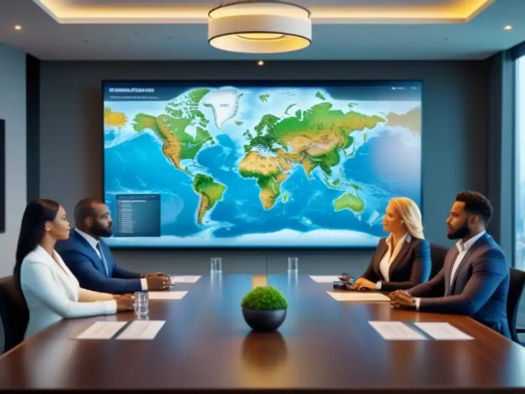 Inversores globales en sala de juntas discuten adquisiciones inmobiliarias Una reunión de inversores globales en una sala de juntas moderna, discutiendo Regulaciones globales M&A inmobiliarias