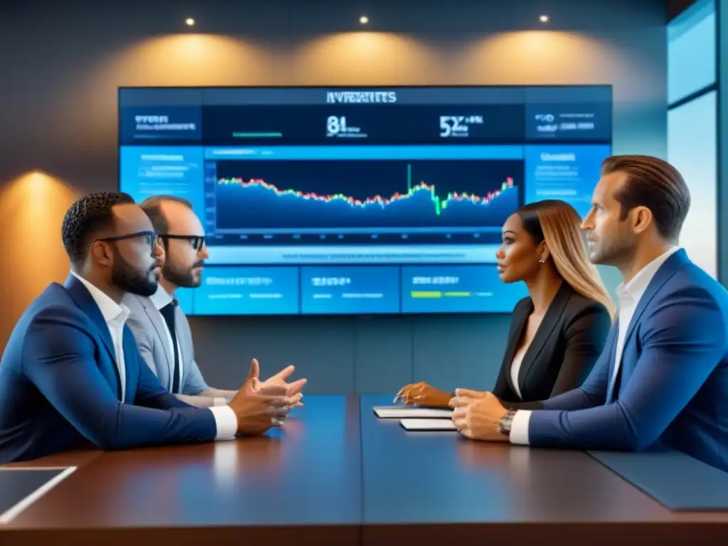 Inversores globales analizando tendencias inmobiliarias Una reunión de inversores globales en sala moderna, analizando tendencias del mercado inmobiliario en pantallas digitales