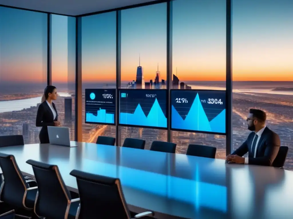 Oficina futurista con IoT y hologramas en tiempo real Reunión de inversores inmobiliarios con análisis predictivo y IoT en oficina moderna futurista