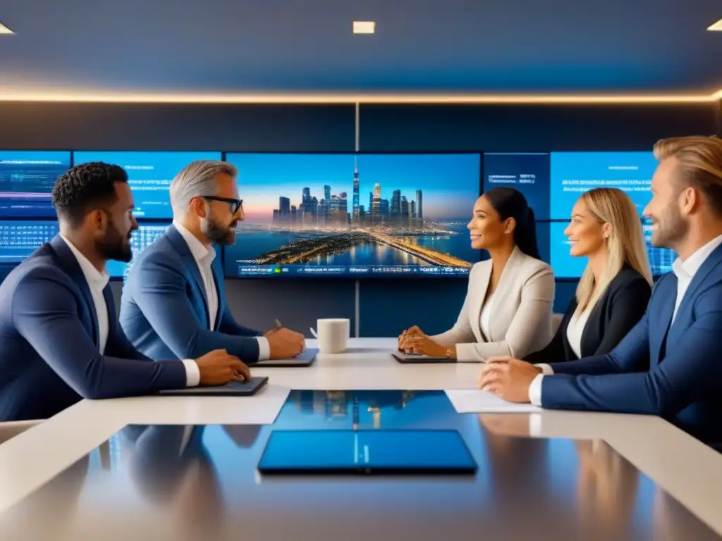 Inversores de éxito en reunión global de bienes raíces Una reunión de inversores inmobiliarios internacionales exitosos en sala de juntas, rodeados de pantallas con datos del mercado global