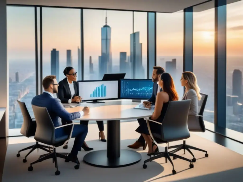 Inversores inmobiliarios internacionales en reunión estratégica Reunión de inversores inmobiliarios internacionales discutiendo estrategias de precios y mercado en una moderna sala de juntas con vista a la ciudad