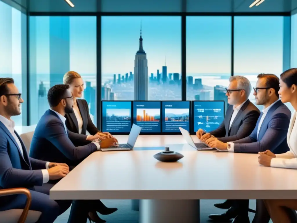 Inversores inmobiliarios internacionales en reunión de alto nivel Una reunión de inversores inmobiliarios internacionales analizando el mercado global en una sala moderna con vista a la ciudad
