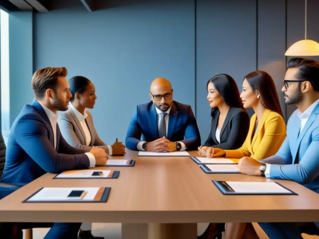 Inversores inmobiliarios internacionales debaten leyes de arrendamiento Una reunión de inversores inmobiliarios discutiendo leyes de arrendamiento internacionales en un entorno global y sofisticado