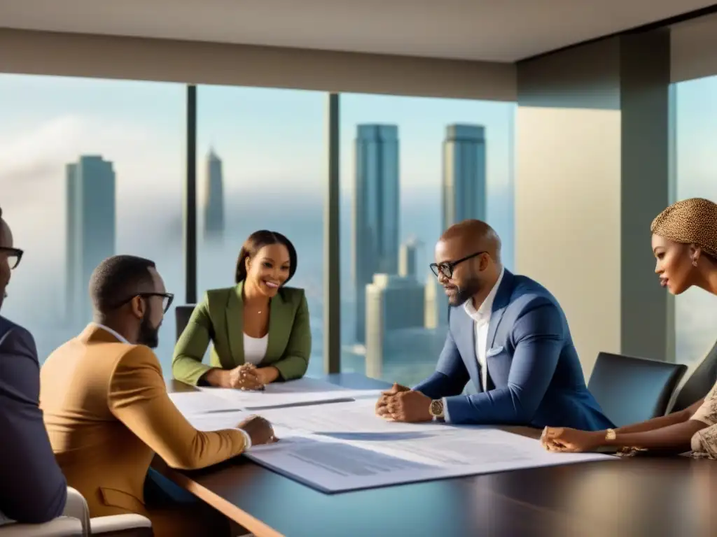 Inversores inmobiliarios en África: reunión diversa y cosmopolita Una reunión de inversores inmobiliarios en África Subsahariana, discutiendo en una moderna sala de juntas con vista a la ciudad