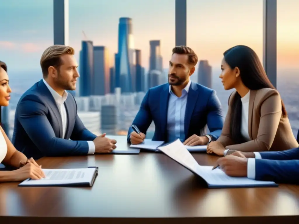 Inversores internacionales debaten sobre inversiones inmobiliarias globales Una reunión de inversores internacionales con documentos legales y planos, discutiendo leyes de sucesión inmobiliaria internacionales