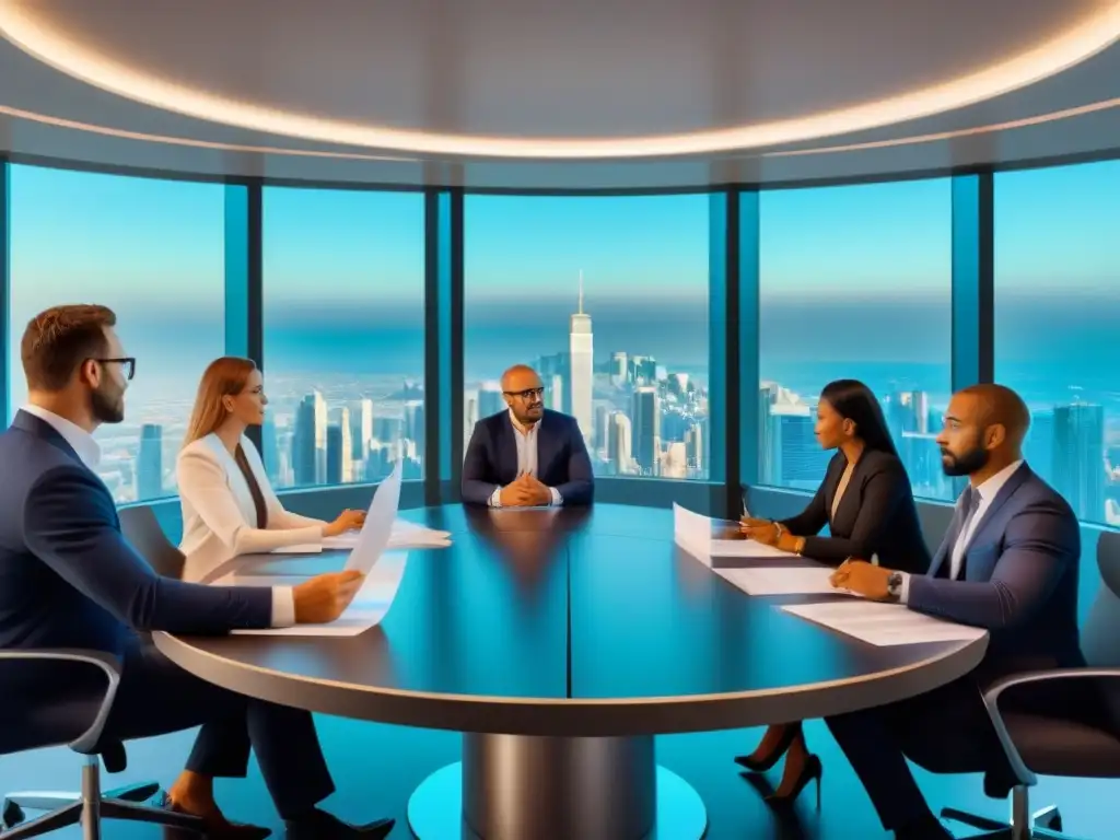 Inversores internacionales debatiendo inversiones en tiempos compartidos Una reunión de inversores internacionales en un moderno salón, discutiendo documentos legales sobre tiempo compartido