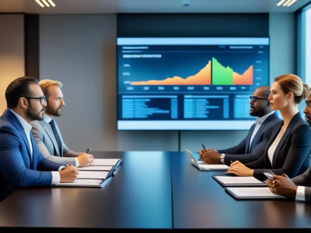 Inversores internacionales discuten estrategias legales para REITs Una reunión de inversores internacionales en una oficina moderna, discutiendo implicaciones legales de REITs internacionales