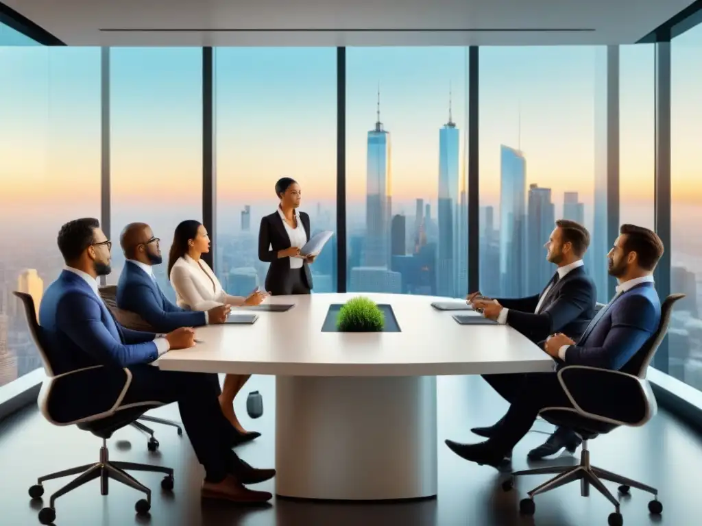 Inversores internacionales discuten contratos en oficina futurista Una reunión de inversores internacionales y profesionales inmobiliarios en una oficina moderna