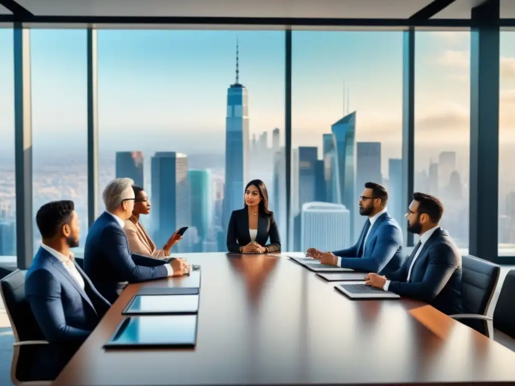Reunión de inversores inmobiliarios internacionales en boardroom de lujo Reunión de inversores en lujoso espacio con vista a la ciudad