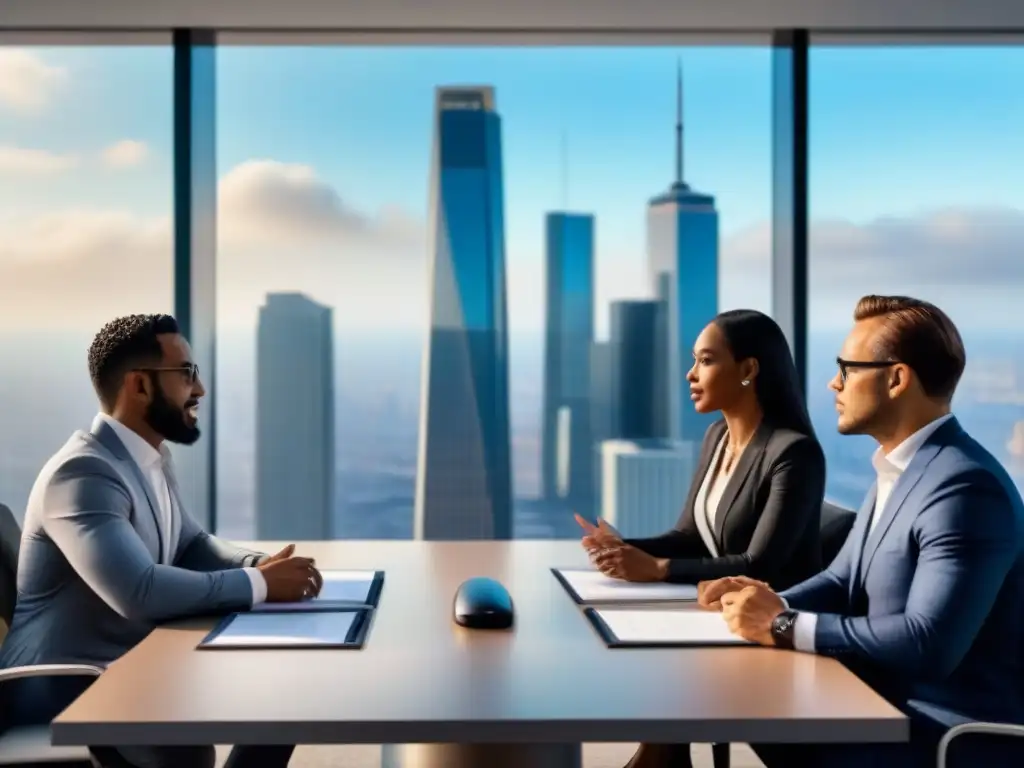 Reunión de inversores diversa en sala de juntas ultramoderna Una reunión de inversores en una moderna sala de juntas, discutiendo las mejores estrategias de salida en inversión inmobiliaria