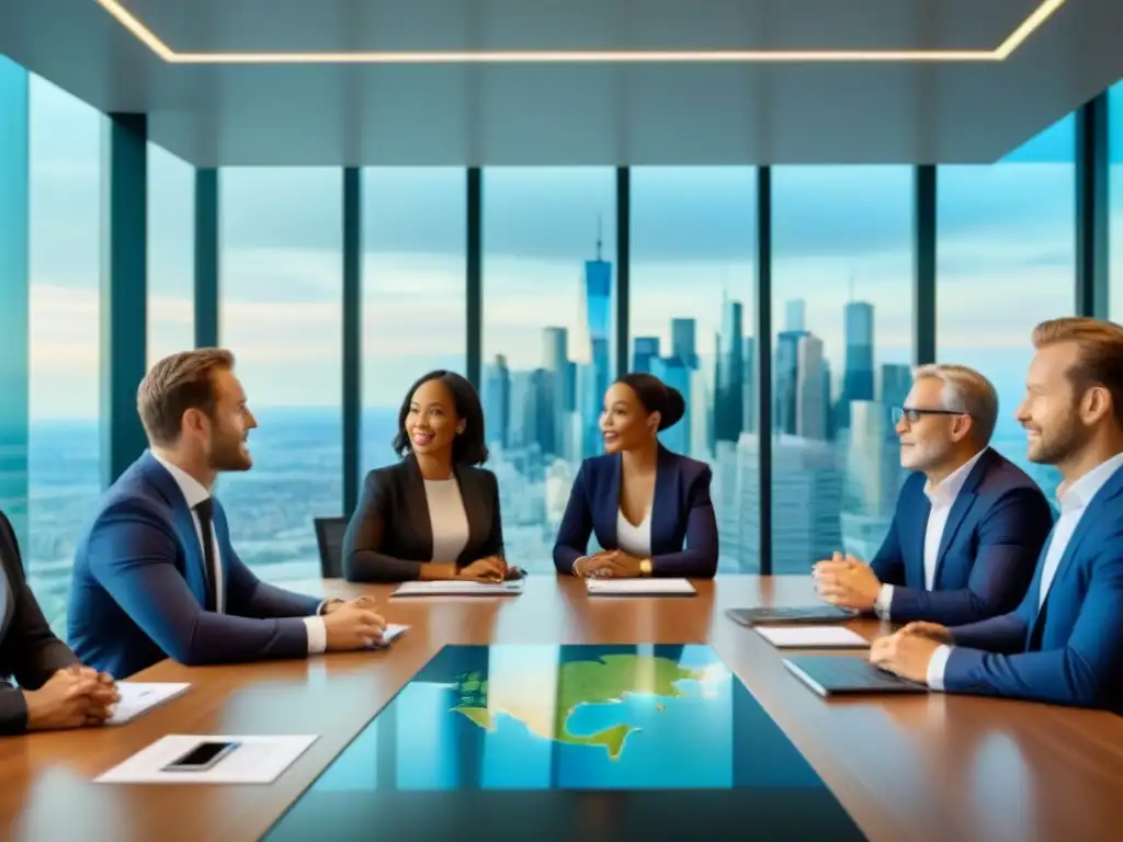 Inversores profesionales en mesa de reuniones de alta tecnología Una reunión de inversores profesionales con vista a la ciudad, enfocados en estrategias de inversión inmobiliaria internacional