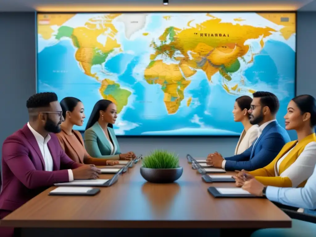 Reunión multicultural: tradición e innovación en la estrategia de marketing Una reunión multicultural en una sala contemporánea, representando el marketing inmobiliario adaptado a culturas