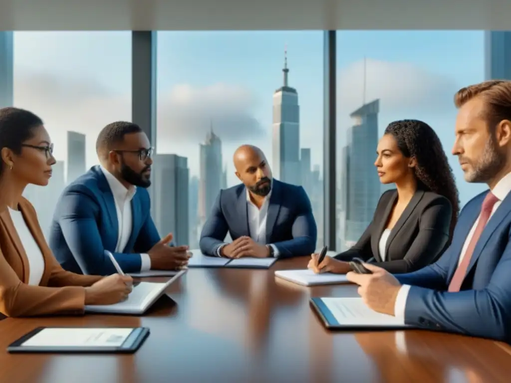 Profesionales legales globales en reunión Una reunión mundial de profesionales legales en un elegante salón, debatiendo términos legales tiempo compartido internacional