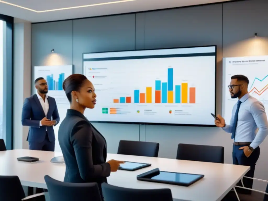 Reunión estratégica de negocios en sala de juntas moderna Una reunión de negocios diversa y enfocada en estrategias de salida inversión inmobiliaria en una moderna sala de juntas