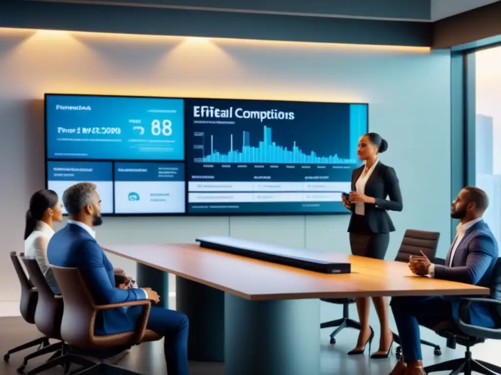 Reunión de inversores inmobiliarios: ética y tecnología Una reunión de negocios diversa en una sala de juntas moderna, con datos de inversión inmobiliaria y directrices éticas proyectadas