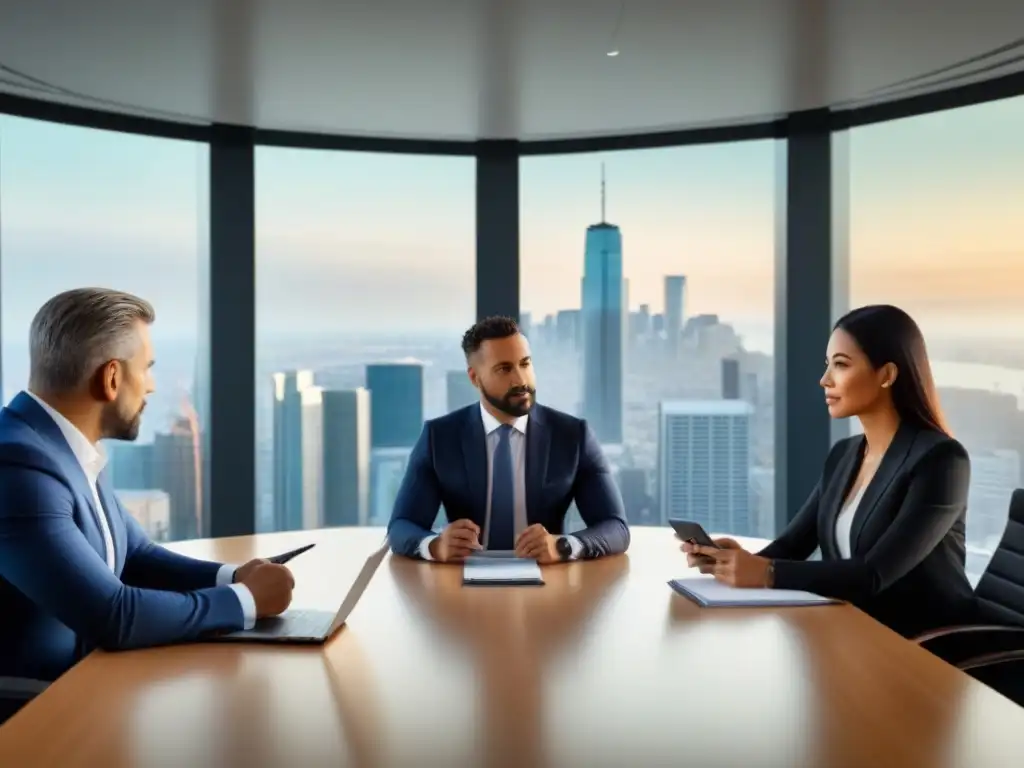Profesionales internacionales en reunión de litigios inmobiliarios Una reunión de negocios internacional en una oficina moderna con vista a la ciudad