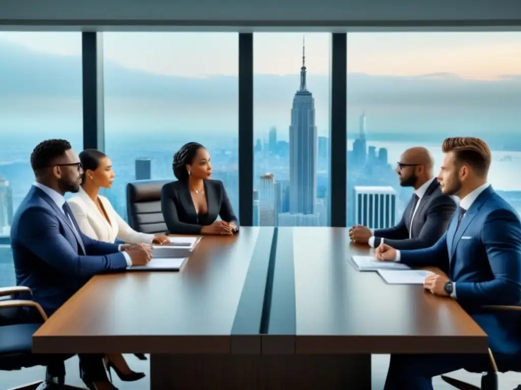 Reunión estratégica de profesionales en sala de juntas moderna Una reunión de negocios en una moderna sala de juntas con ejecutivos discutiendo Estrategias M&A inmobiliario internacional