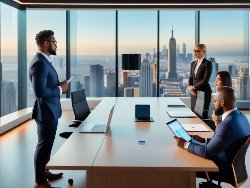 Oficina moderna con vista panorámica: innovación y colaboración Reunión de negocios en oficina moderna con vista a la ciudad