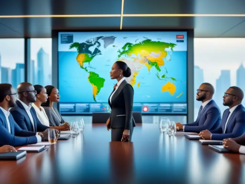 Reunión de negocios en entorno moderno con mapa mundial proyectado Reunión de negocios en sala de conferencias con mapa mundial proyectado