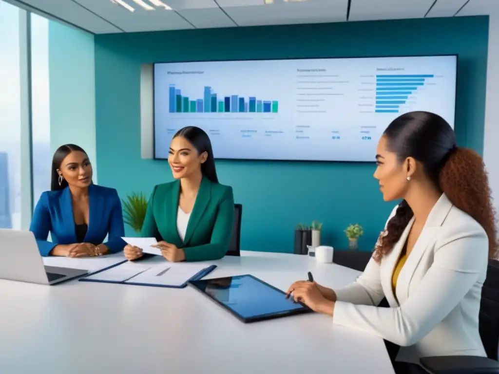 Profesionalidad multicultural en oficina moderna Una reunión profesional y diversa en una oficina contemporánea con muebles modernos y tecnología avanzada, liderada por una mujer hispana segura