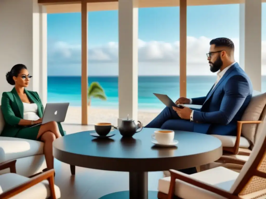 Conversación legal en casa de lujo frente al mar Una reunión profesional sobre leyes de tiempo compartido internacionales en una lujosa propiedad vacacional con vista a la playa