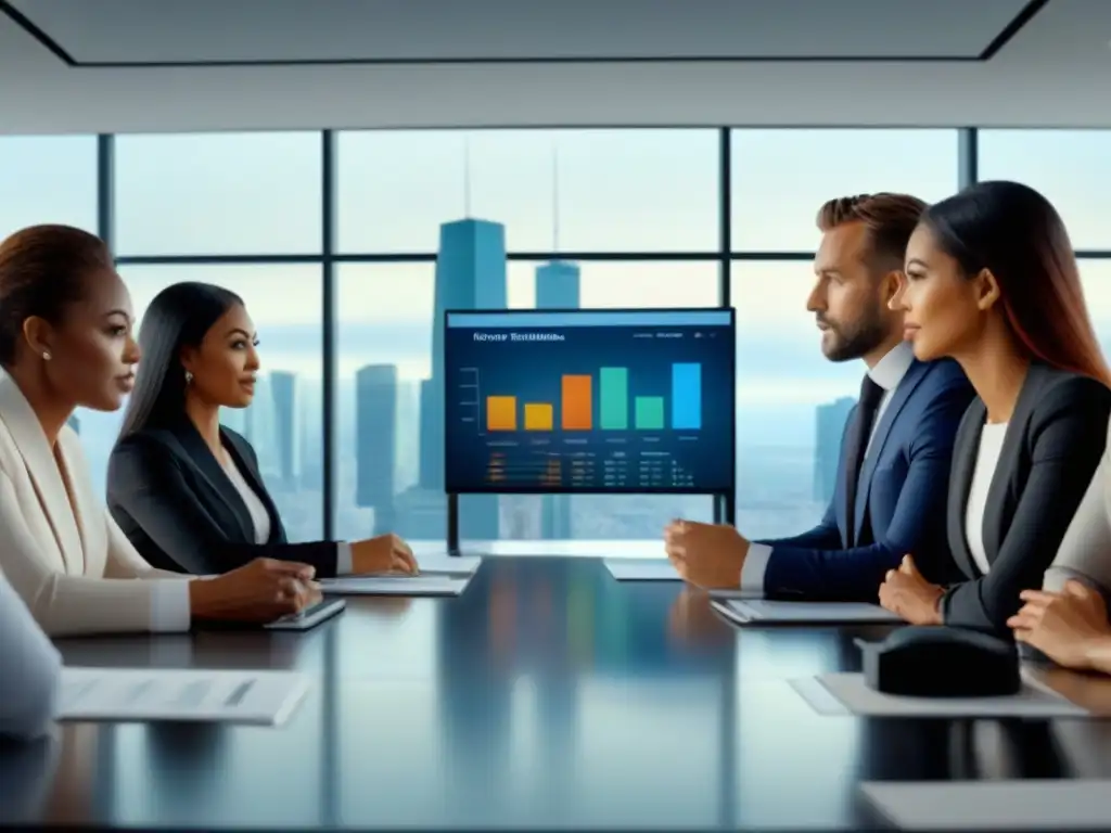 Profesionales inmobiliarios debaten tendencias globales en ultradetalle Una reunión profesional en una moderna sala de juntas, diferentes profesionales inmobiliarios analizan estrategias anticíclicas de mercado