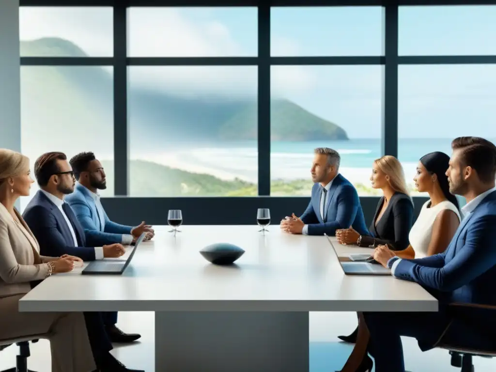 Reunión profesional: diversidad y reflexión en la mesa de conferencias Una reunión profesional en una oficina elegante, con personas discutiendo sobre reventa de tiempo compartido