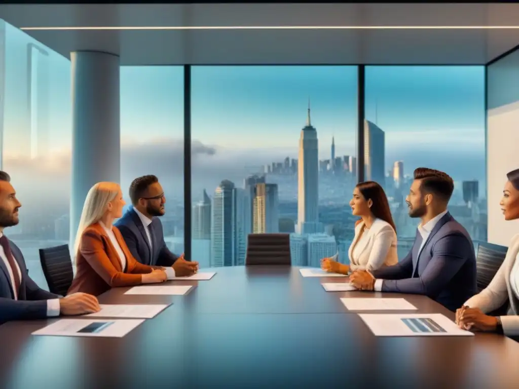 Reunión ejecutiva en oficina moderna con vista panorámica Una reunión profesional en una oficina moderna con vista a la ciudad