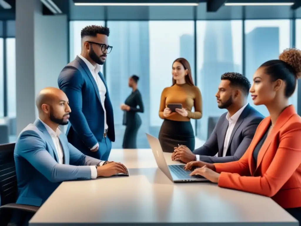 Profesionales diversos en oficina moderna: inmigración e inversión inmobiliaria Reunión profesional en oficina moderna, diversidad y colaboración