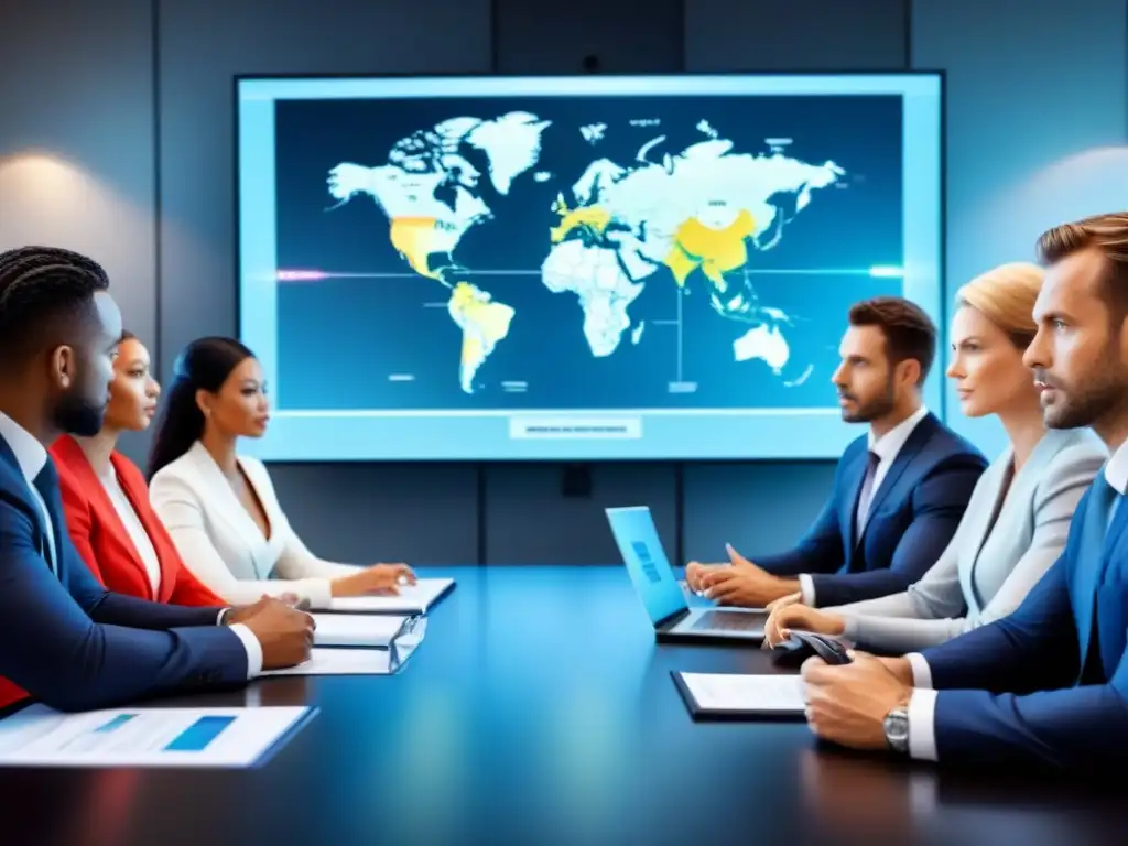 Profesionales globales debaten sobre inversión inmobiliaria Una reunión de profesionales discutiendo aspectos legales de inversión inmobiliaria global en una sala moderna y equipada