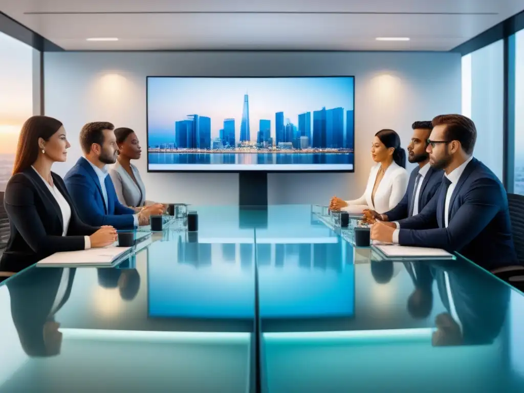 Reunión ética de inversores en oficina moderna Una reunión de profesionales diversos discutiendo cumplimiento en inversiones inmobiliarias internacionales en una oficina moderna