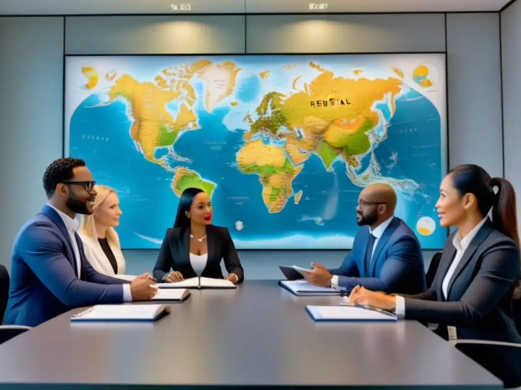 Profesionales diversificados en despacho legal moderno, maximizando rendimientos internacionales Una reunión de profesionales diversos en una oficina legal moderna, discutiendo estrategias legales para alquileres internacionales