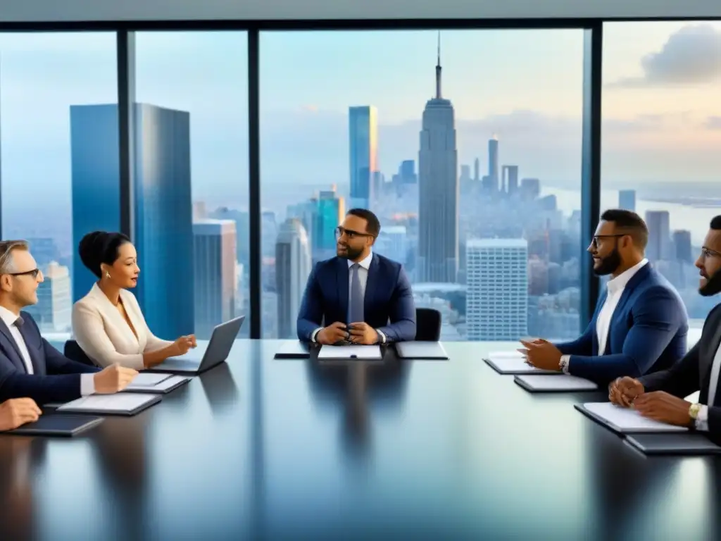 Profesionales debaten inversión inmobiliaria global en oficina moderna Una reunión de profesionales diversos en una oficina moderna, discutiendo sobre inversión inmobiliaria internacional postcrisis