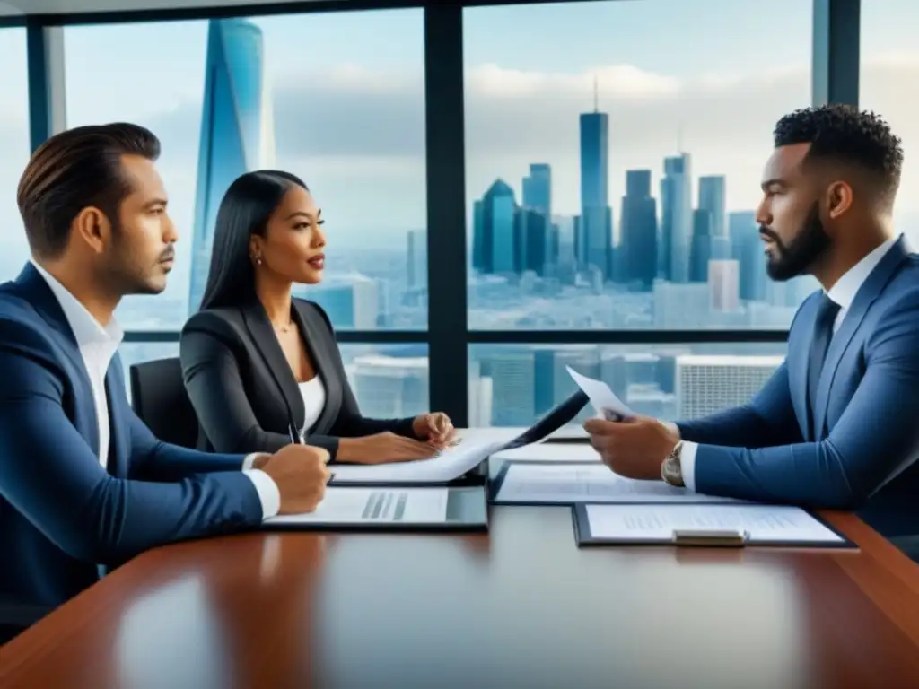 Profesionales internacionales en reunión legal de alto nivel Una reunión de profesionales diversos en una sala de juntas moderna, discutiendo contratos internacionales sobre inversiones inmobiliarias