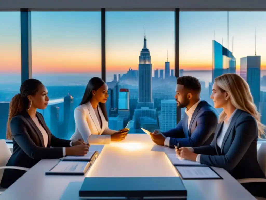 Equipo profesional en due diligence inmobiliaria internacional Una reunión de profesionales en una elegante sala con vistas a la ciudad al atardecer, mostrando una completa Due Diligence inmobiliaria internacional