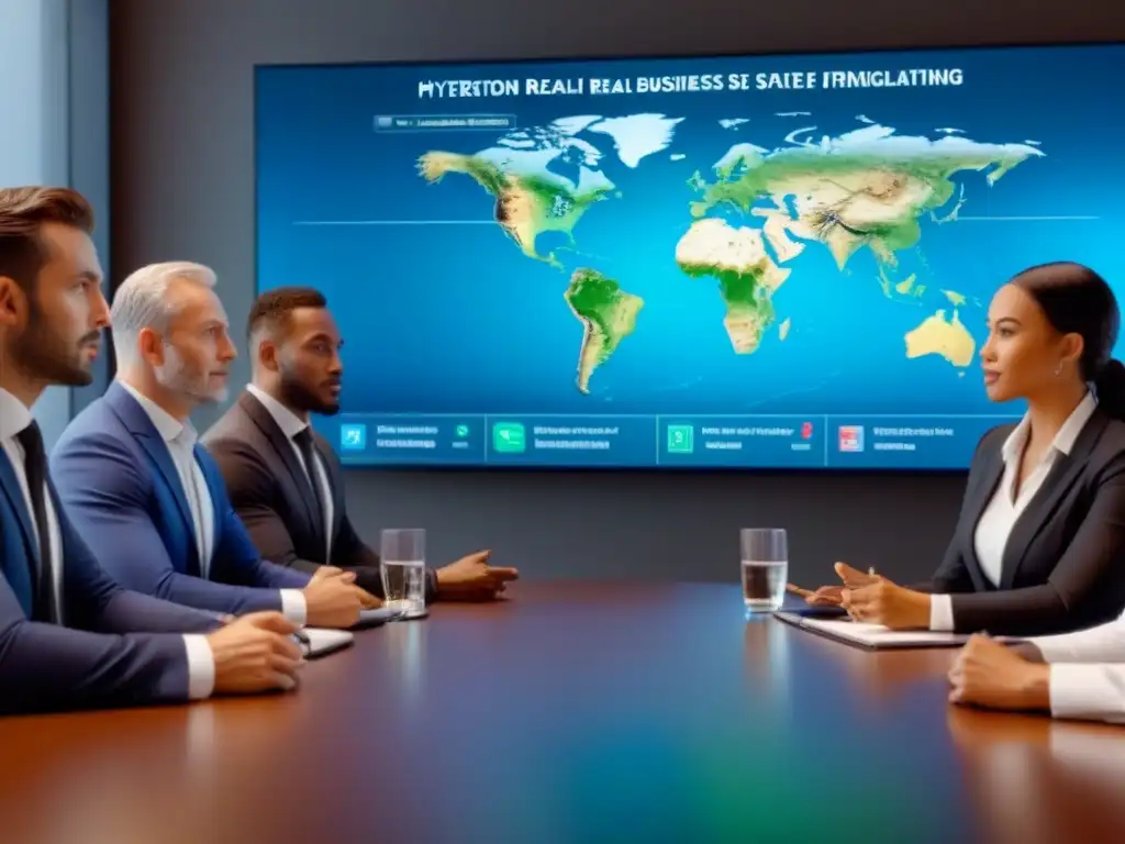 Profesionales globales debaten normas de financiamiento inmobiliario en 8k Una reunión de profesionales globales discutiendo regulaciones financiamiento inmobiliario global en una sala de juntas moderna y elegante