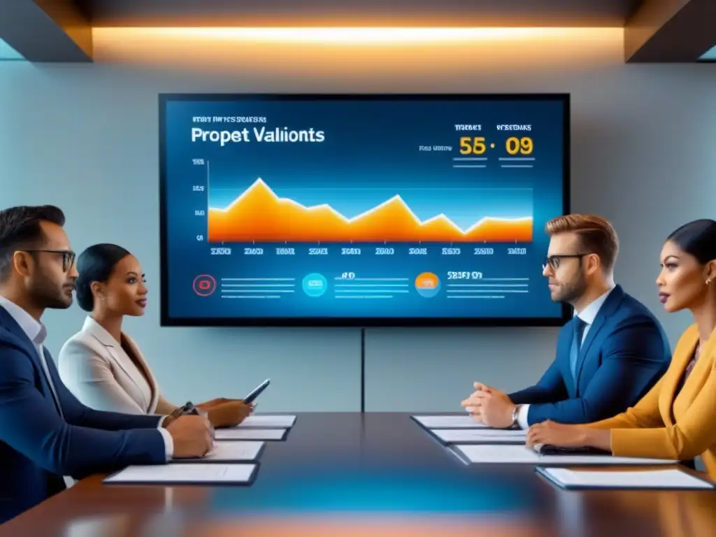 Profesionales en reunión analizando gráficos financieros en sala moderna Una reunión de profesionales analizando gráficos financieros en una sala moderna